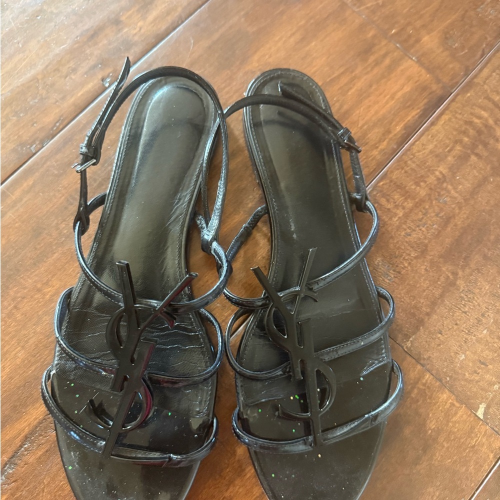 YSL Patent Leather Black Strappy Sandals 39